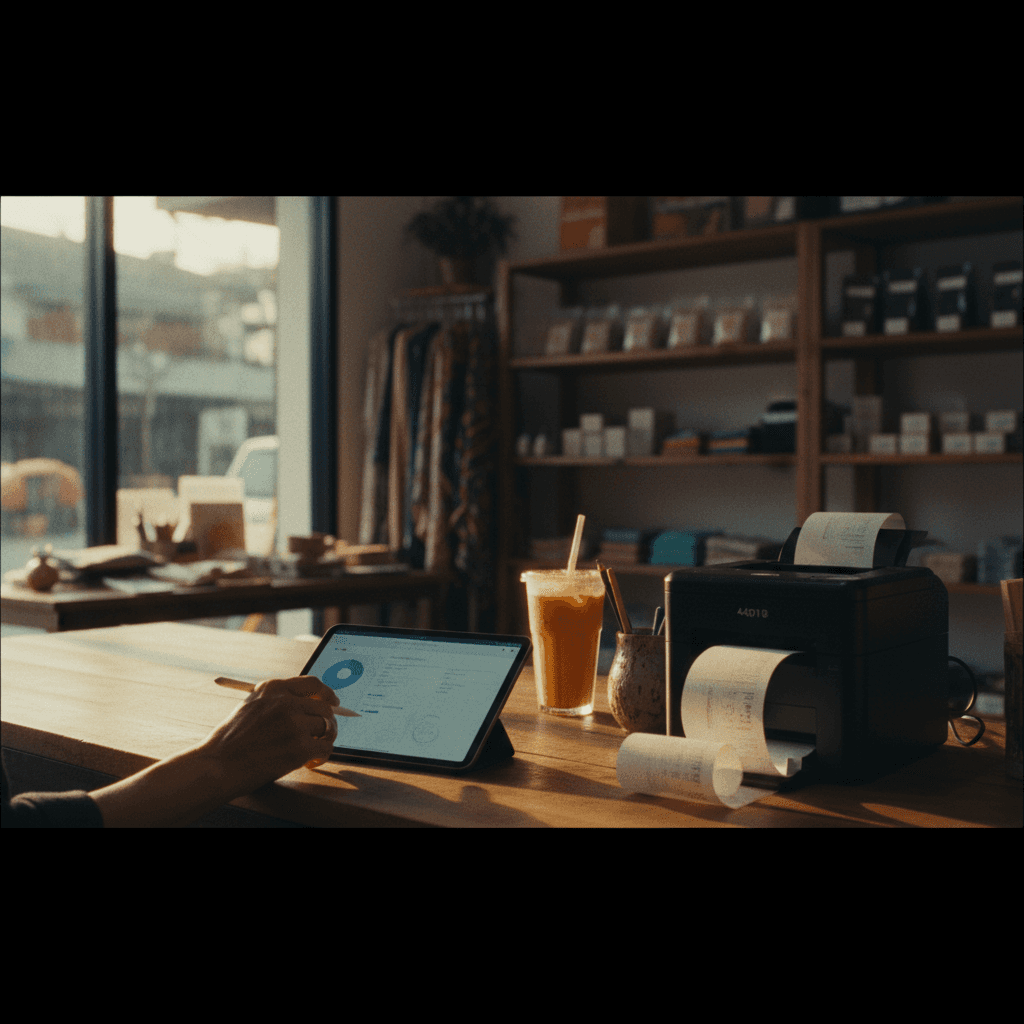 ภายในร้าน SME ไทย, มือกำลังใช้งาน iPad ที่แสดง Samoe POS แสงทองยามเช้า